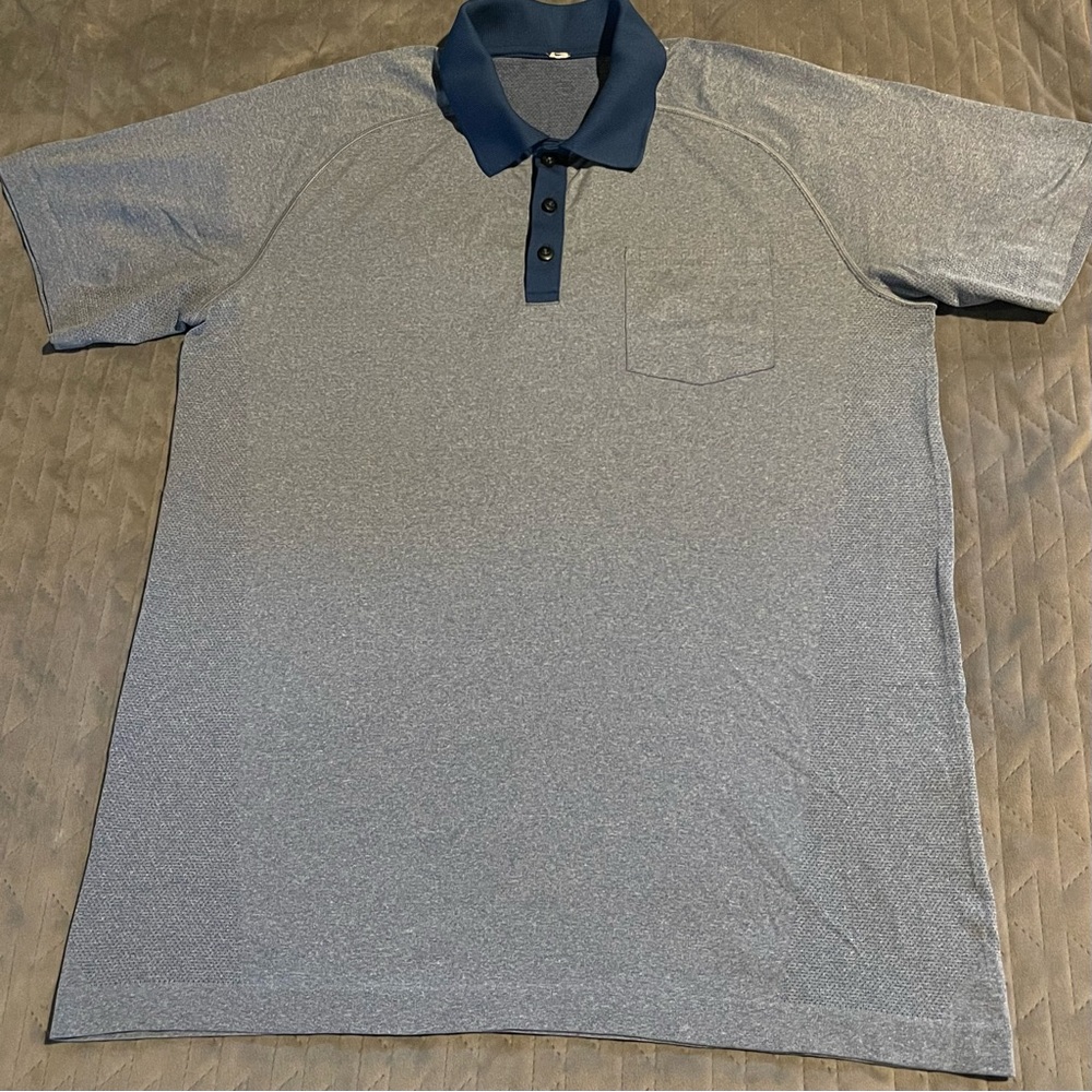 lululemon athletica Heathered Light Blue Polo with Navy Collar